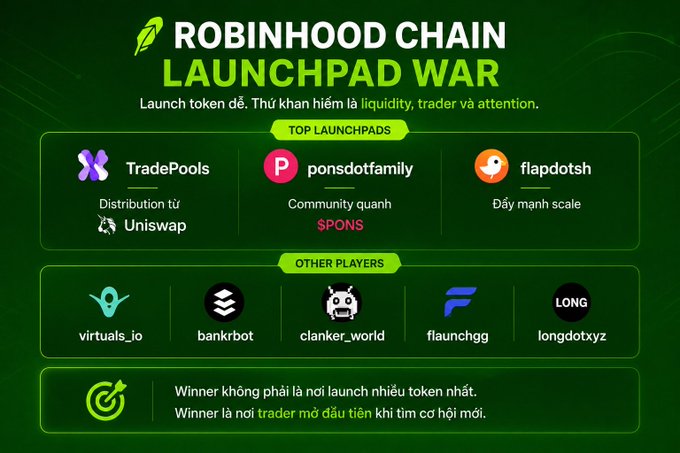 A dark green infographic titled "ROBINHOOD CHAIN LAUNCHPAD WAR" compares token launchpads, highlighting TradePools (with Uniswap distribution), ponsdotfamily (community around $PONS), and flapdotsh (scale-focused) as top launchpads, alongside other players like virtuals.io, bankrbot, clanker_world, flaunchgg, and longdotxyz, with a note that the real winner is where traders find opportunities first rather than who launches the most tokens.