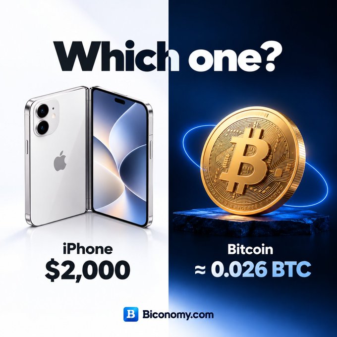 A comparison graphic titled 'Which one?' showing an iPhone on the left labeled 'iPhone $2,000' and a Bitcoin on the right labeled 'Bitcoin ≈ 0.026 BTC', with the Biconomy.com logo at the bottom.