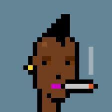 A pixel art portrait of a person with dark skin, short black hair, a yellow earring, and bright pink lips smoking a cigarette against a blue background.