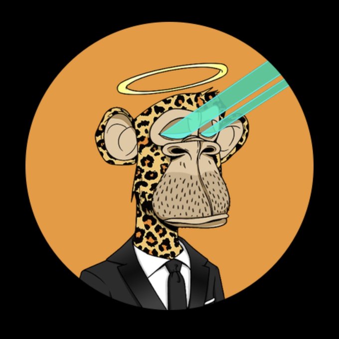 A stylized illustration features a Bored Ape NFT character wearing a black suit and tie, set against an orange circular background, with teal laser beams shooting from its eyes. A glowing yellow halo floats above its head, adding an angelic twist to the iconic bored ape design referenced in the post.