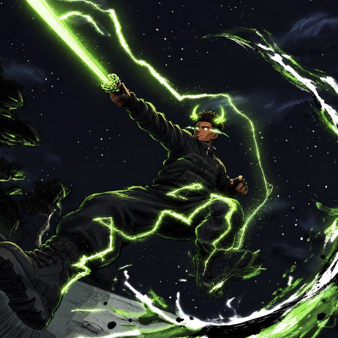 A dynamic manga/anime-style illustration depicts a horned warrior with glowing green eyes leaping forward through the air, wielding a radiant green lightsaber-like blade amid crackling lightning and energy swirls against a starry night sky, fitting the dramatic, action-packed aesthetic commonly associated with the "$ANSEM" crypto token's branding.