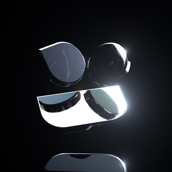 A close-up 3D rendering of shiny, scratched metallic sunglasses lenses against a black background, reflecting bright white light.
