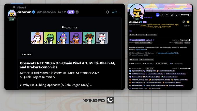 A promotional graphic for OpenCatz shows the pixel-art NFT collection alongside @itsdizcorvus’s X profile, whose pinned article is “Opencatz NFT: 100% On-Chain Pixel Art, Multi-Chain AI, and Broker Economics.” It highlights a supply of 5,000, a September 2026 mint on Robinhood Chain, and 2,220 holders at the time of the post.