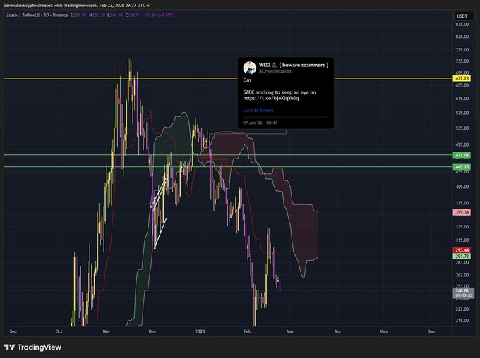 A TradingView chart of Zcash (ZEC/USDT) on the daily timeframe shows a sharp decline from around $725 in late 2025 down to a low of approximately $234 by February 2026, with an annotation by user "WIZZ (beware scammers)" calling out a "pico bello" bottom amid the drop. The post references being called out at the bottom, tying to the visible annotation and the extreme low price highlighted on the chart.