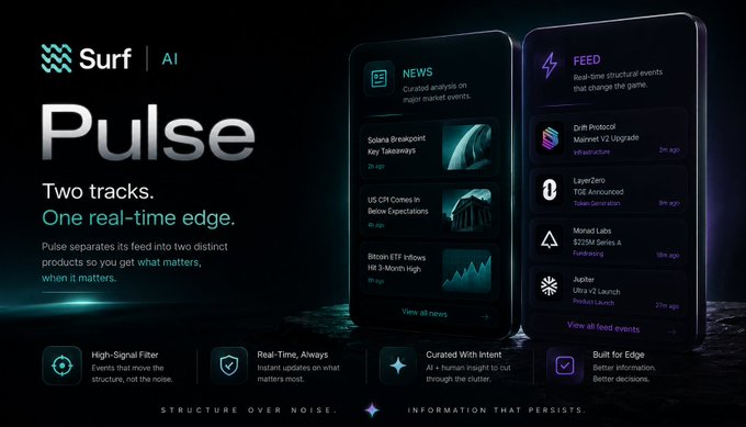 The image shows a black background with two cell phones displayed, one of which has a purple screen and the other has a green screen. The text "Surf AI" is visible at the top left corner, while "Pulse" is written in white letters on the right side of the image. The phones are positioned next to each other, with their screens facing upwards.

The image also contains some text that reads: "Two tracks. One real-time edge. Focus on what is in the image and how it relates to the post". This suggests that the image might be related to a discussion or comparison between two different feeds displayed on the phones.