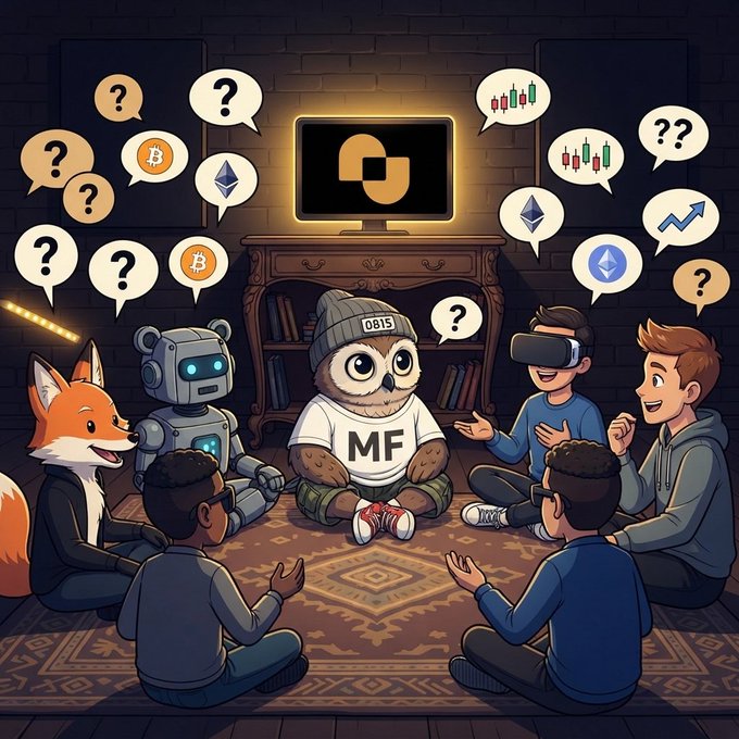 A group of people sit around an AI robot and a fox mascot in a room with crypto symbols (Bitcoin, Ethereum) and question marks floating above, alongside a central monitor displaying a logo. The owl character wears a shirt reading "MF" and a beanie marked "0815," visually representing the post's question about what users would first ask an AI financial companion about markets, tokens, and smart money signals for @tryquantio.
