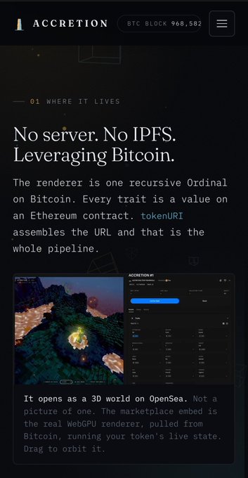 Screenshot of the ACCRETION website showing BTC BLOCK 968,582, with text 'No server. No IPFS. Leveraging Bitcoin.' and an image of a 3D Minecraft-like world rendered on OpenSea.