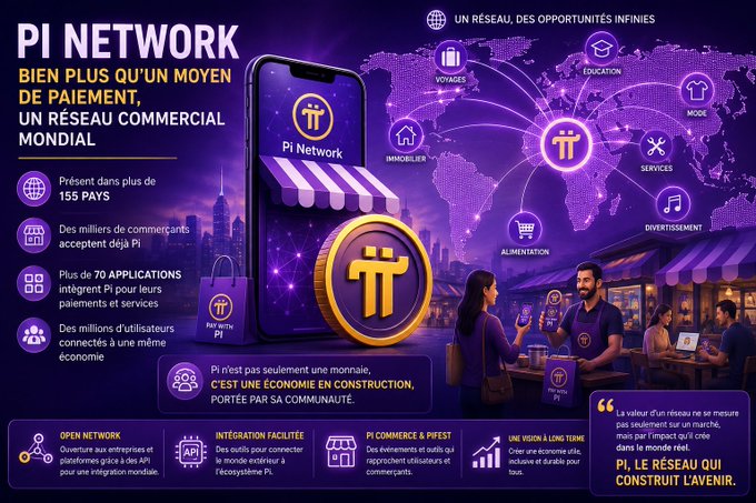 A promotional graphic for 'PI NETWORK' in French, describing it as a global commercial network present in over 155 countries, featuring the Pi logo and various category icons.