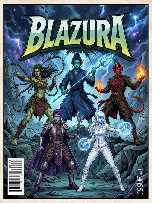 A fantasy comic book cover titled 'BLAZURA' Issue #1, showcasing five characters including a green-skinned warrior, blue mystic, fire-wielding figure, purple-armored knight, and white-clad spellcaster.