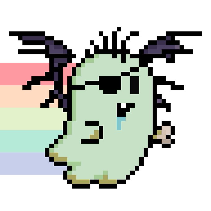 Pixel art sprite of a green monster-like creature with purple bat wings, a single visible eye, and a blue tear drop, displayed against a pastel rainbow striped background.