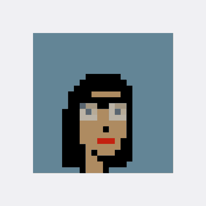 A pixel art portrait of a person with long black hair, a headband, and red lips against a solid blue background, presented as an NFT-style digital artwork.