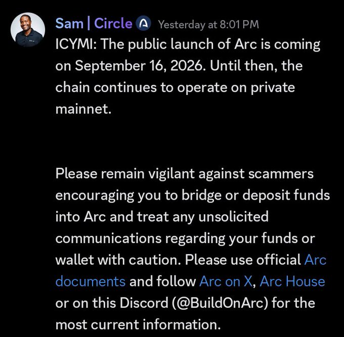 A Discord message from Sam | Circle announcing the public launch of Arc on September 16, 2026, warning users against scammers and directing them to official Arc documents and social channels.