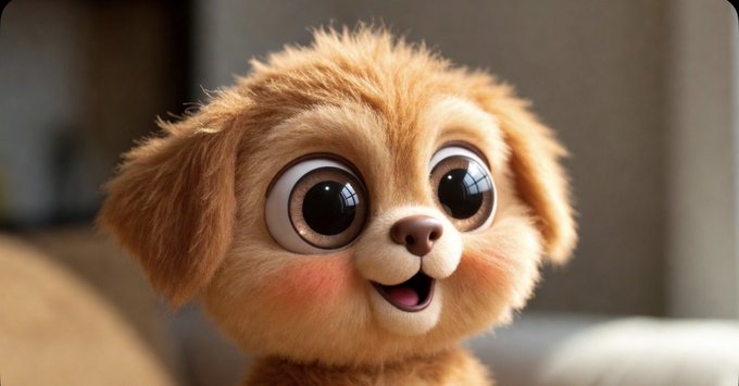 A close-up of an animated, fluffy tan puppy with large expressive brown eyes, a small pink nose, and an open mouth, appearing joyful.