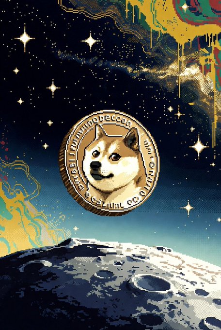 A digital artwork featuring a Dogecoin coin with the iconic Shiba Inu dog floating above a moon surface against a starry cosmic background with colorful nebulae.