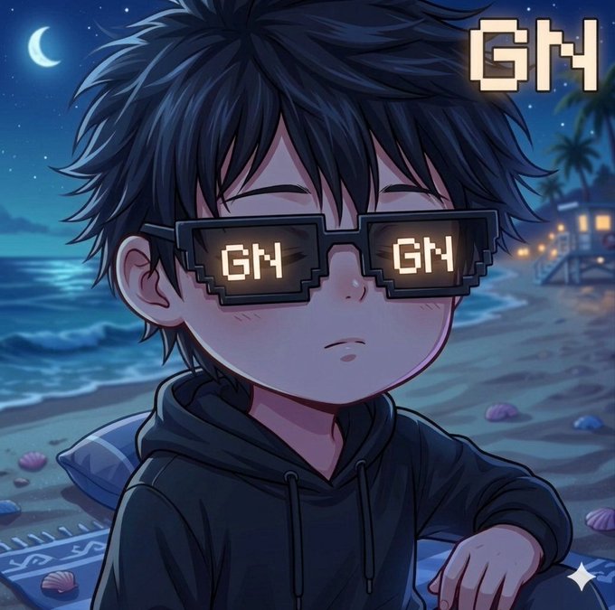 An anime-style illustration of a young boy with black hair wearing pixelated sunglasses and a black hoodie, both displaying 'GM', set against a beach night scene with 'GM' in the upper right corner.