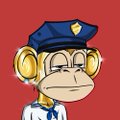 A cartoon ape wearing a blue police-style cap is shown against a red background, representing the Jungle Bay Ape Club (JBAC) NFT #4748. The image aligns with the post announcing the acquisition of this legendary NFT.