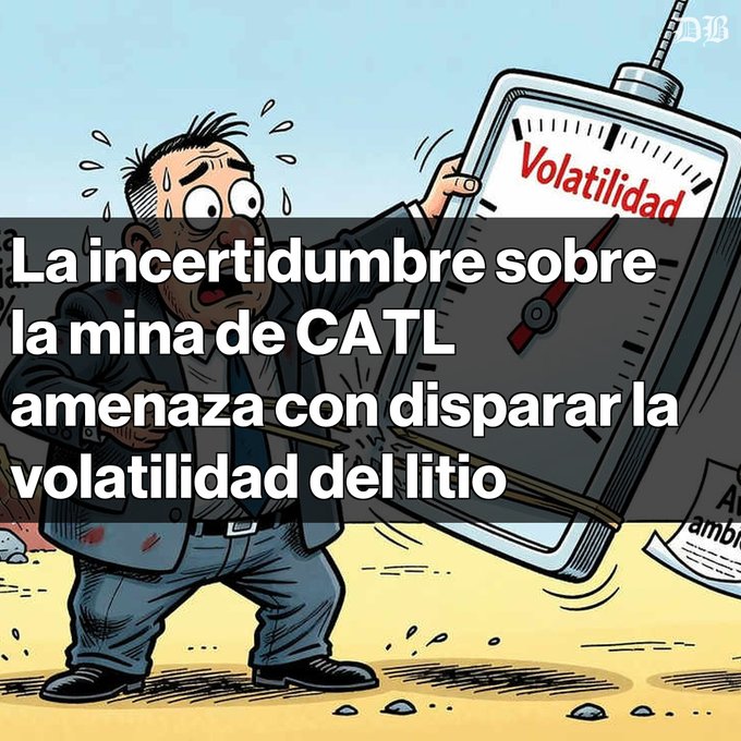 A cartoon illustration of a sweaty man holding a large gauge labeled 'Volatilidad', with Spanish text overlay reading 'La incertidumbre sobre la mina de CATL amenaza con disparar la volatilidad del litio'.