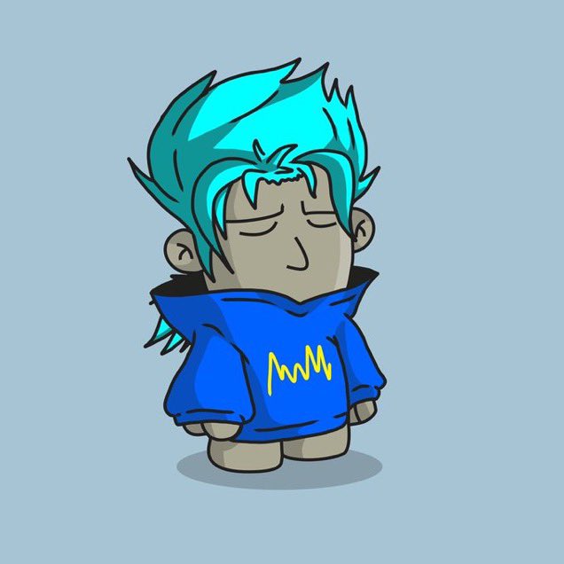 The image features a cartoon character wearing a blue hoodie with yellow text, standing against a light blue background. The character appears to be a small person or figurine, possibly a toy or a doll. There are no texts or other objects present in the image.