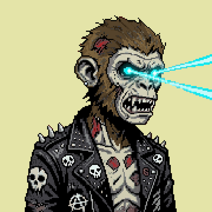 Pixel art of a snarling monkey with glowing blue laser eyes wearing a spiked black leather jacket adorned with skull and anarchy patches.