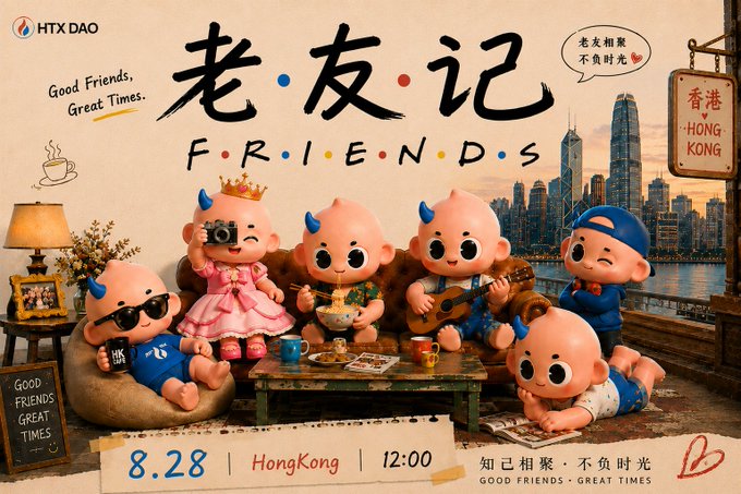 A colorful promotional graphic for HTXDAO features cute cartoon devil characters gathering together with signs reading "Good Friends, Great Times" and the Chinese title "老·友·记 F.R.I.E.N.D.S," set against a Hong Kong skyline with details announcing an event in Hong Kong on 8.28 at 12:00, tying into the post's invitation to reunite with friends.