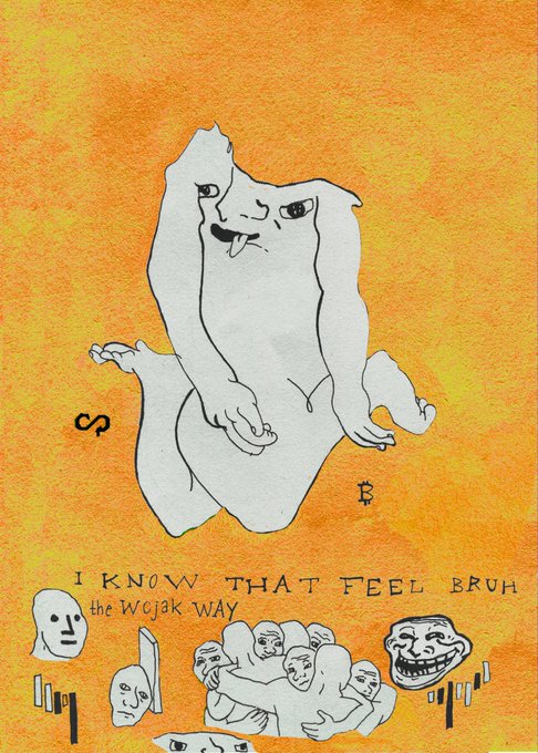 A hand-drawn illustration depicts a white cartoon creature with a smug expression and protruding tongue on an orange background, with text reading 'I KNOW THAT FEEL BRUH the Wojak WAY' above a crowd of various Wojak meme faces.