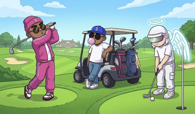 A cartoon illustration shows three figures playing golf: one in a pink tracksuit, one sitting in a golf cart, and one in white with angel wings.