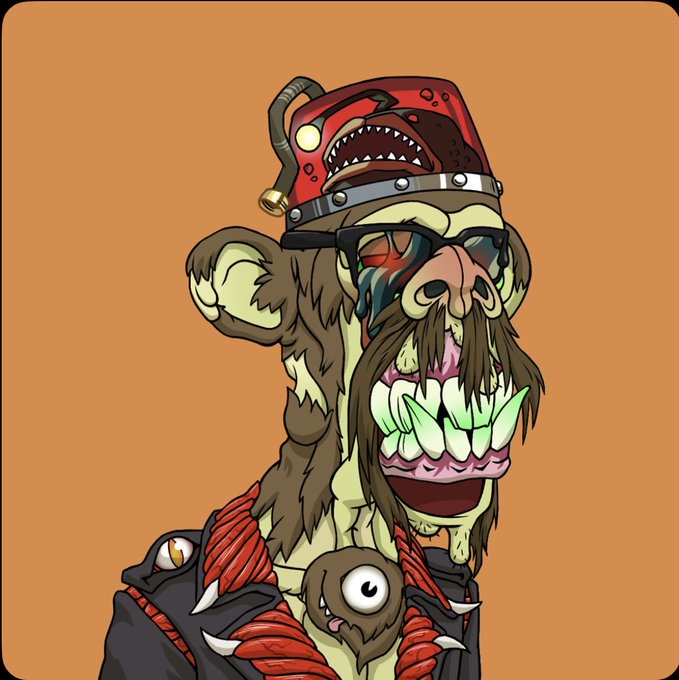 A digital illustration of a stylized ape-like character wearing a red helmet with a shark mouth design, sunglasses, and spiked leather attire against an orange background.