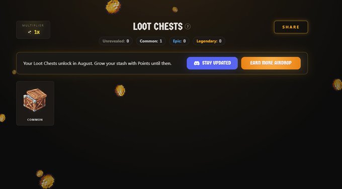 A 'LOOT CHESTS' gaming interface showing 'Your Loot Chests unlock in August' with a Common chest icon, multipliers, and buttons to 'Stay Updated' or 'Earn More Airdrop'.