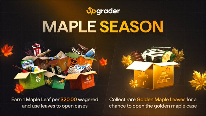 A promotional graphic for Upgrader's "Maple Season" event, showing autumn leaves and boxes of mystery items. Text indicates players can earn 1 Maple Leaf per $20.00 wagered to open cases, or collect rare Golden Maple Leaves for a chance at a golden maple case, tying into the autumn-themed giveaway teased in the tweet.