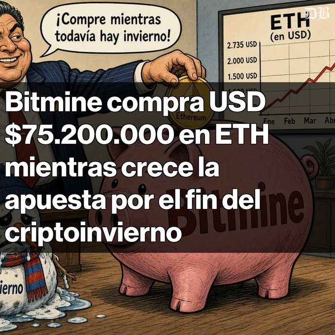 Cartoon illustration with Spanish text '¡Compre mientras todavía hay invierno!' showing a figure dropping an Ethereum coin into a piggy bank labeled 'Bitmine', with overlaid text stating 'Bitmine compra USD $75.200.000 en ETH mientras crece la apuesta por el fin del criptoinvierno'.