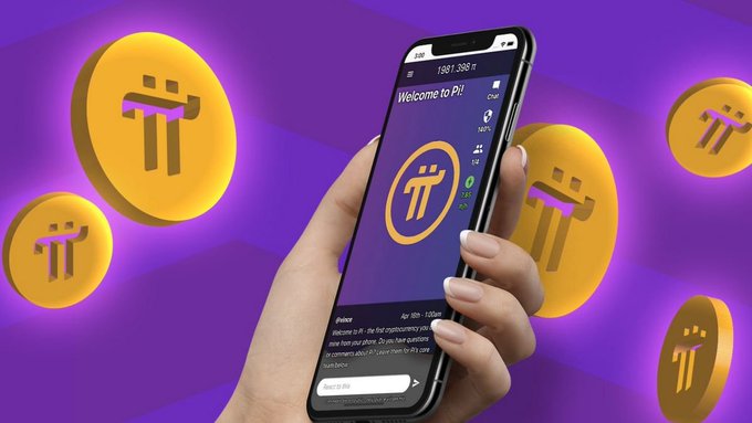 A hand holds a smartphone displaying the Pi Network app's "Welcome to Pi!" screen, surrounded by floating gold Pi coin logos against a purple background, visually representing the network's latest Protocol 26 Mainnet upgrade milestone.