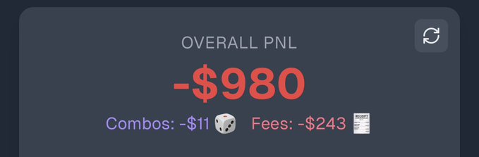 A trading dashboard showing an overall PNL of -$980, with combos at -$11 and fees at -$243.