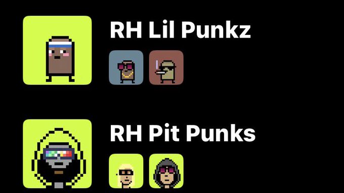 Two pixel art NFT collections are displayed with a black background: 'RH Lil Punkz' featuring small character avatars in a green square, and 'RH Pit Punks' showing character portraits with sunglasses and varied hairstyles.