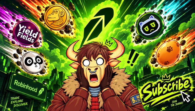 A vibrant digital illustration featuring a horned anime-style character in shock surrounded by floating meme coins including 'Yield Fields', Doge, and others, with 'Robinhood' branding and a 'Subscribe' call-to-action with 'JOIN THE JOURNEY' text.