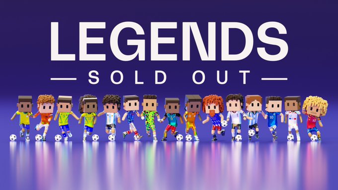 A 'LEGENDS SOLD OUT' promotional graphic showing a lineup of pixel-art soccer player avatars on a purple background.