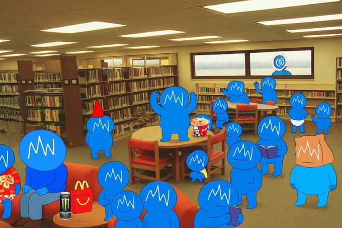 A library scene populated by cartoon blue blob characters with 'M' symbols on their heads, engaging in various activities.