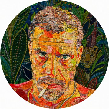 A mosaic portrait depicting a man smoking a cigarette, rendered in vivid, multicolored tile-like fragments against a lush green foliage background, visually represents Hunter Biden in connection with the controversial $LAPTOP memecoin launch.