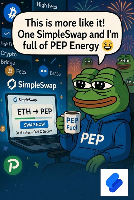 A Pepe the Frog cartoon showing the SimpleSwap crypto exchange interface swapping ETH to PEP, with a speech bubble reading 'This is more like it! One SimpleSwap and I'm full of PEP Energy', featuring logos for Bitcoin, Bridge, Brass, and SimpleSwap.