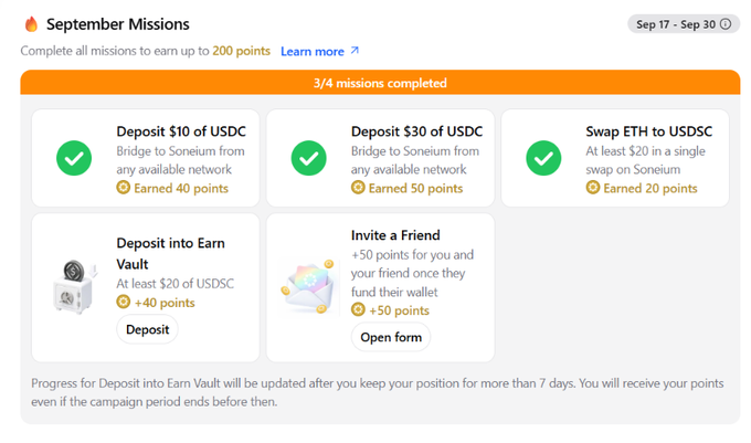 A 'September Missions' screen shows 3/4 missions completed, with tasks including depositing $10 and $30 of USDC and swapping ETH to USDC on Soneium.