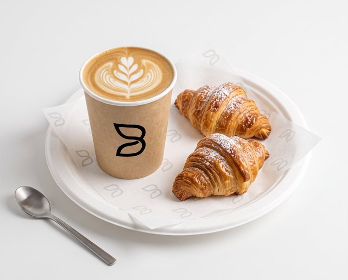 A latte with leaf latte art in a branded paper cup sits on a white plate alongside two powdered croissants, with a silver spoon on the side.