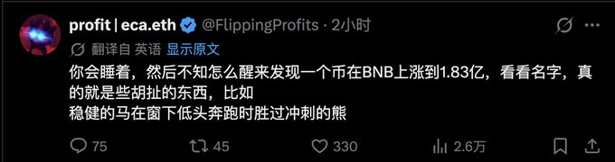 The image shows a Chinese tweet from user "profit | eca.eth (@FlippingProfits)" discussing discovering a token on BNB that surged to a market cap of $183 million, with the comment mentioning it has a ridiculous name like "Steady Horse Win Galloping Bear Head-Down Window-Under Run" (稳健的马在窗下低头奔跑时胜过冲利的熊). The tweet has 75 replies, 45 retweets, 330 likes, and 26K views, and relates to the post by sharing the same humor about absurdly-named cryptocurrency tokens on BNB chain.