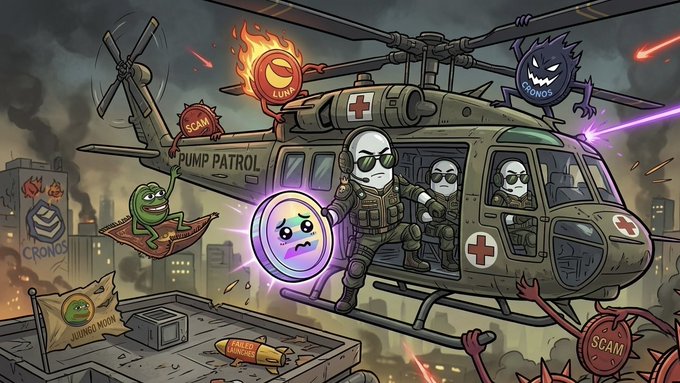 The image features a cartoon helicopter with several characters inside of it, including a character holding a coin that has a face on it. The caption reads "The PumpPatrol has officially gone rogue. We'r currently helicoptering through the trenches, dodging scam-coin missiles to rescue Solana". This post is related to the game Pump Patrol and its mission to rescue Solana from the evil Scam Coin.