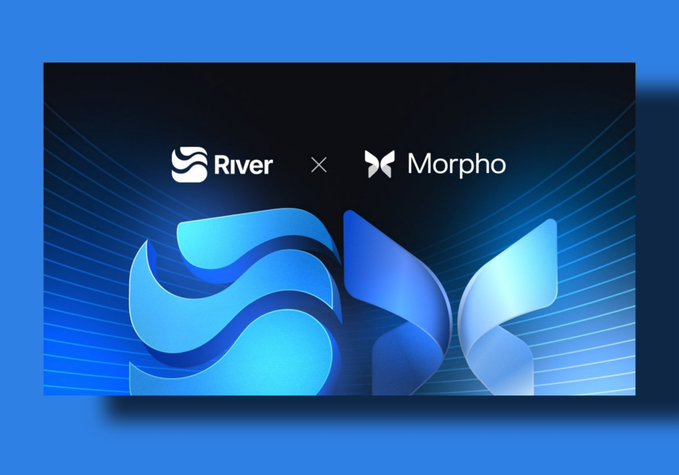 A partnership announcement banner showing 'River' and 'Morpho' logos side by side above an abstract flowing blue wave design.