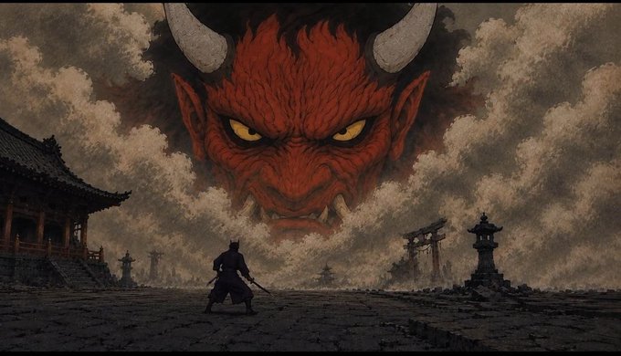 An illustration of a samurai warrior standing in a courtyard, facing a massive red demon head with yellow eyes and horns emerging from clouds, with a torii gate and stone lanterns in the background.
