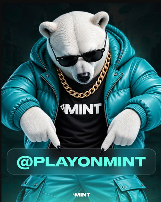 A cool polar bear wearing sunglasses, gold chains, and a teal puffer jacket with a 'MINT' t-shirt, featuring the handle '@PLAYONMINT' at the bottom.