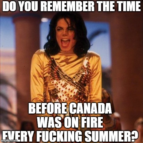 A meme featuring Michael Jackson in a gold outfit with text reading 'DO YOU REMEMBER THE TIME BEFORE CANADA WAS ON FIRE EVERY FUCKING SUMMER?'