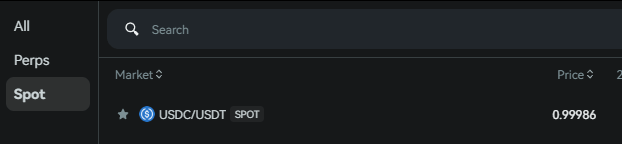 A dark-themed trading platform interface showing a search bar and navigation tabs for 'All', 'Perps', and 'Spot', with the USDC/USDT SPOT trading pair visible at a price of 0.99986.
