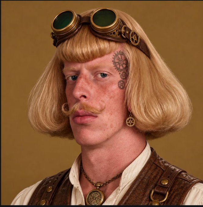 A portrait of a pale person with a blonde bowl-cut wig, curled mustache, steampunk-style goggles on their forehead, gear tattoos on their cheek, and a gear-shaped earring, wearing a leather vest with brass details.