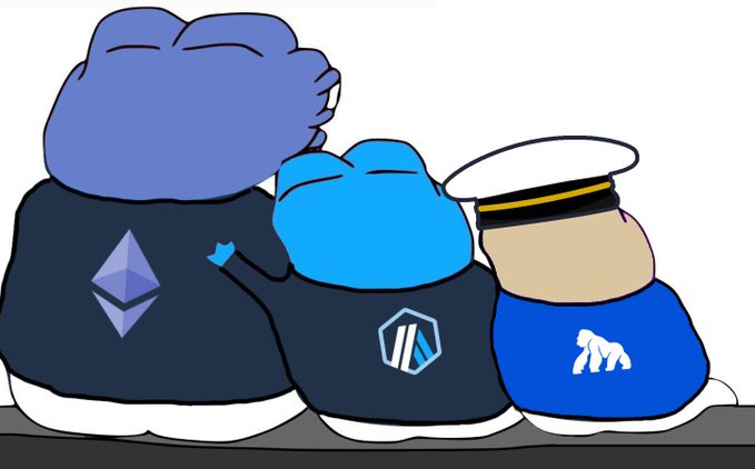 A cartoon illustration of three characters' backs sitting together: one in an Ethereum jacket, one in an AltLayer jacket, and one in a blue sailor outfit with a gorilla logo.
