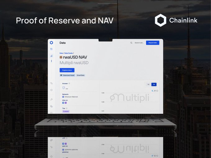 A laptop displays the Chainlink data feed dashboard showing "rwaUSD NAV" by Multipli, with an "Answer" reading approximately 1.001, illustrating how Chainlink connects to custodians to verify and publish proof of reserves on-chain for the rwaUSD token.
